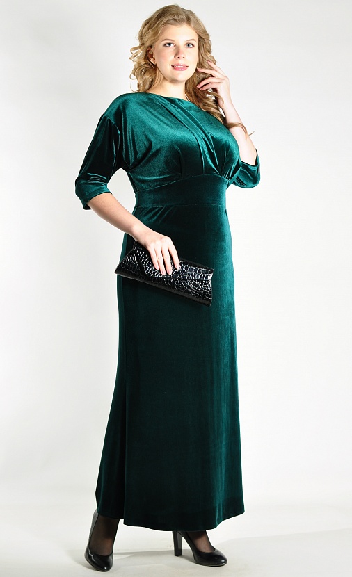 Вечернее зеленое платье длины макси 13358-32 бархатное с рукавом три четверти купить оптом в FORUS