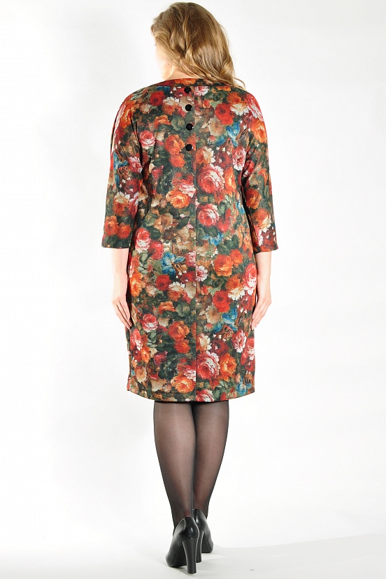 Зеленое свободное платье 5034-В в крупный цветок с пуговицами на спине купить оптом в FORUS