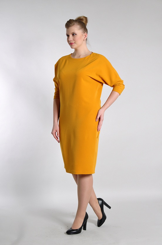 Горчичное платье миди 3252-64 с рукавом три четверти и поясом купить оптом в FORUS