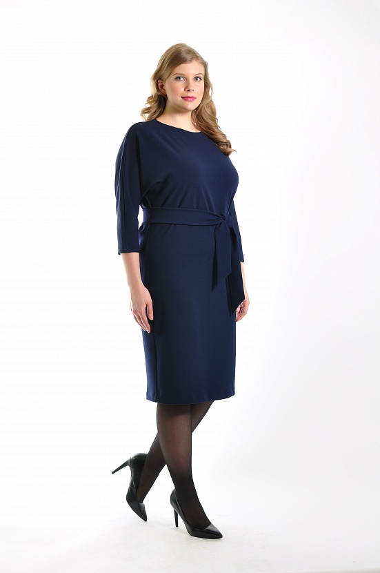 Однотонное темно-синее платье миди 13252-13 с рукавом летучая мышь и поясом купить оптом в FORUS