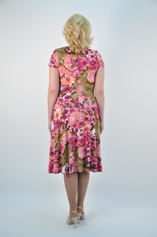 Летнее платье 3183-B с розовыми цветами коротким рукавом и квадратным вырезом купить оптом в FORUS