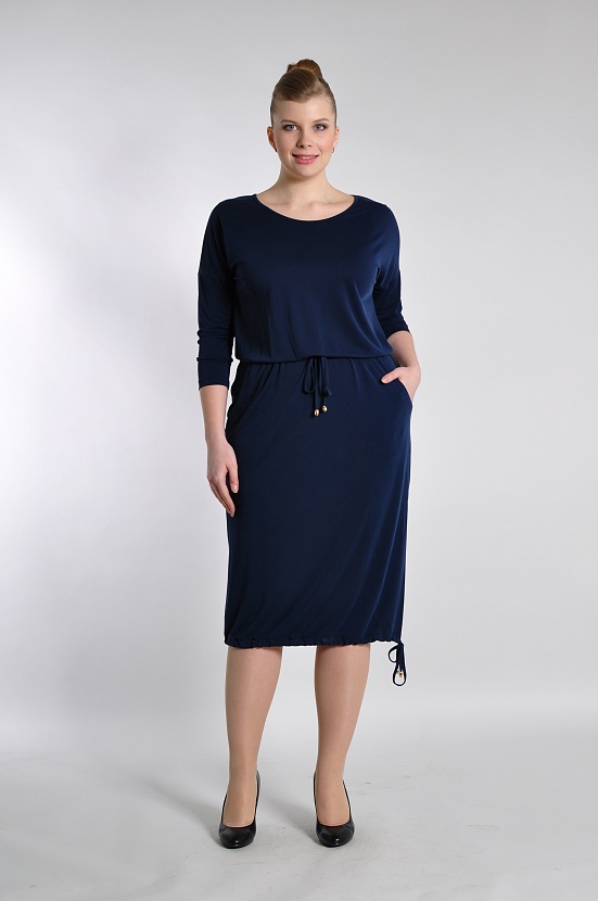 Темно-синее платье баллон 8014-3 с рукавами три четверти и шнуром на поясе купить в FORUS
