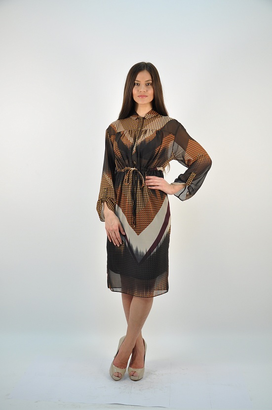 Коричневое полупрозрачное платье-рубашка 5002-А с кулиской на талии купить оптом в FORUS