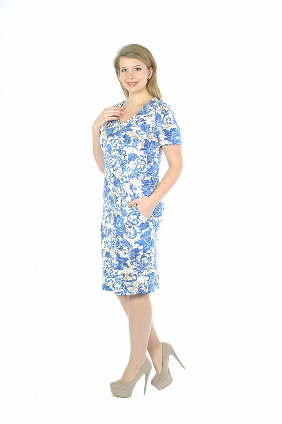 Белое платье с голубыми цветами 3319-B с треугольной талией и коротким рукавом купить оптом в FORUS
