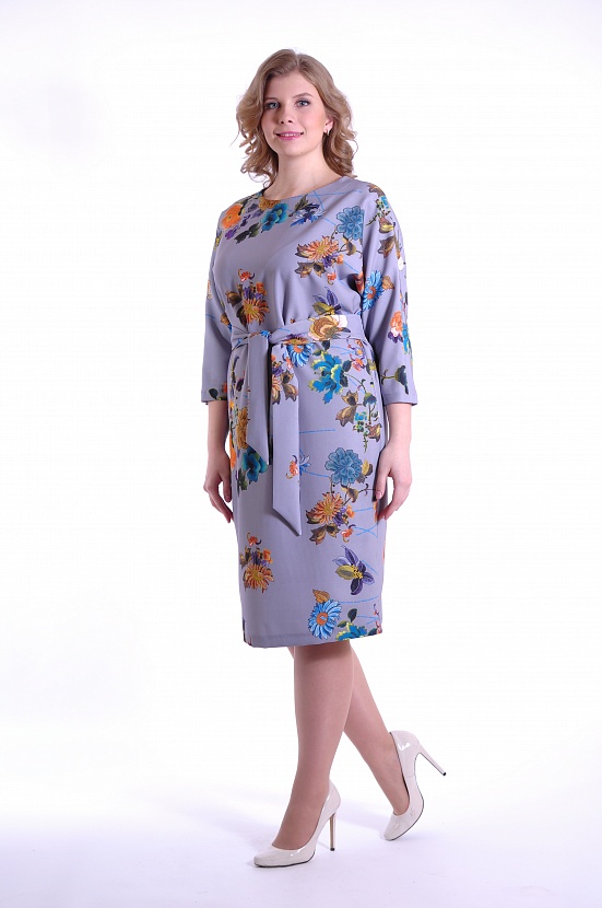Сиреневое платье миди 3252-В с цветами рукавом три четверти и поясом купить оптом в FORUS