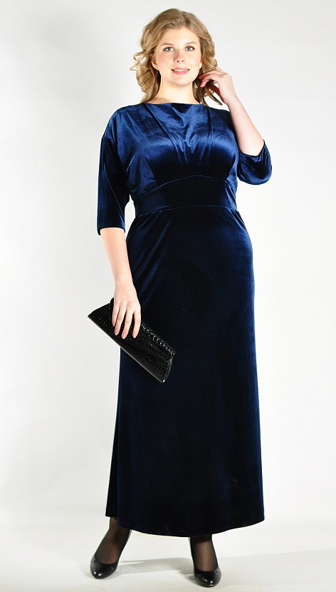 Вечернее синее платье длины макси 13358-14 бархатное с рукавом три четверти купить оптом в FORUS