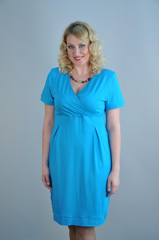 Голубое платье 3503-49 с запахом на лифе и завышенной талией купить оптом в FORUS