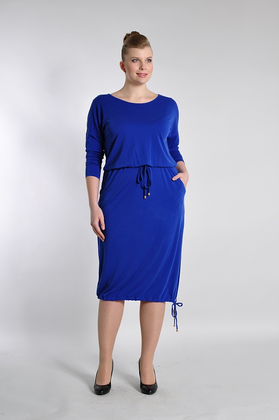 Ультрамариновое платье баллон 8014-4 с рукавами три четверти и шнурками оптом купить в FORUS