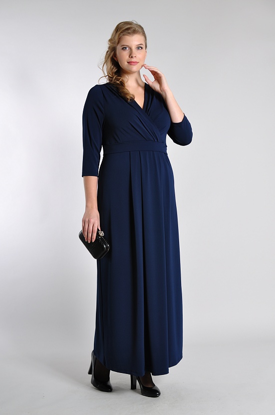 Темно-синее длинное платье 8042-53 с воротником запах и рукавами три четверти купить оптом в FORUS