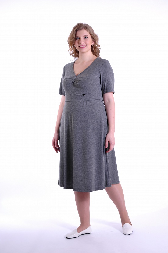 Серое платье 8125-12 с v-образным воротом и втачным поясом купить оптом в FORUS
