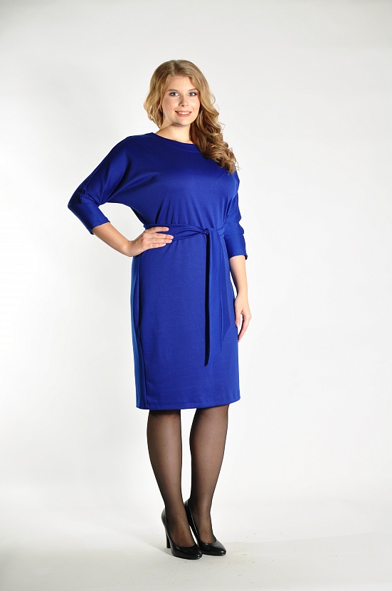 Синее платье миди 3252-46 с рукавом три четверти и поясом купить оптом в FORUS
