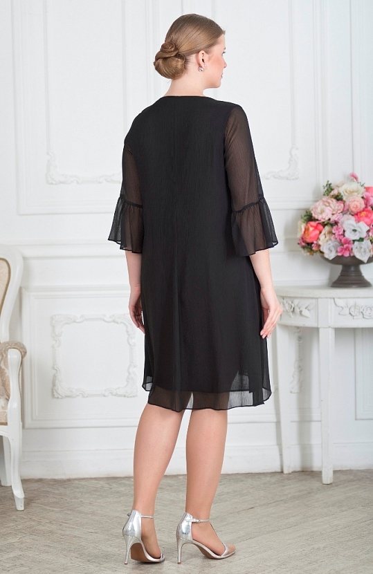 Платье свободное чёрного цвета 3362-1 с прозрачными рукавами-клеш купить оптом в FORUS