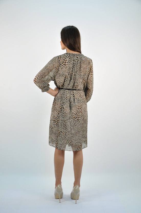 Леопардовое полупрозрачное платье 5005-А с поясом и рукавом три четверти купить оптом в FORUS