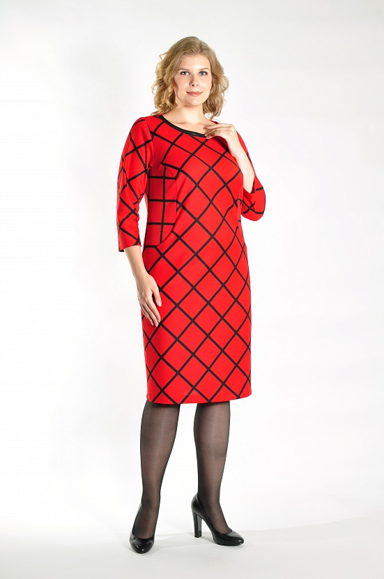 Красное прямое платье 8163-А в клетку с втачными карманами купить оптом в FORUS
